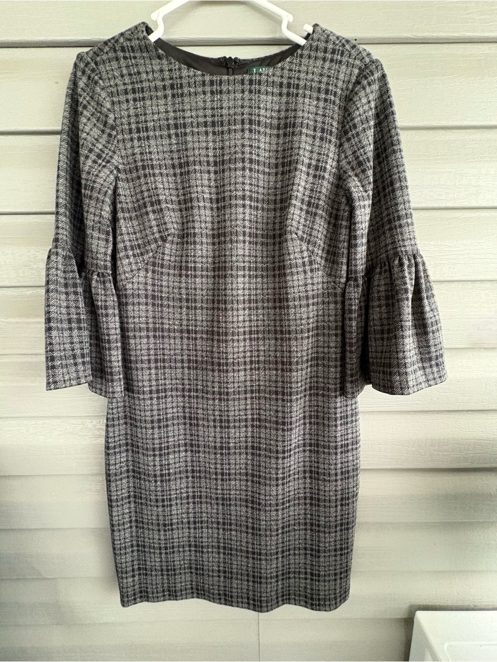 Ralph Lauren Gray Plaid Midi Dress with Bell Sleeves